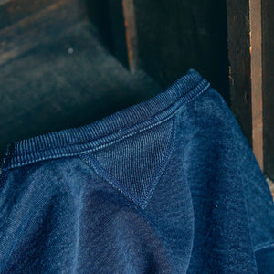 Samurai Jeans 14oz Kakishibu Loopwheeled Sweatshirt Indigo detail lifestyle triangle collar