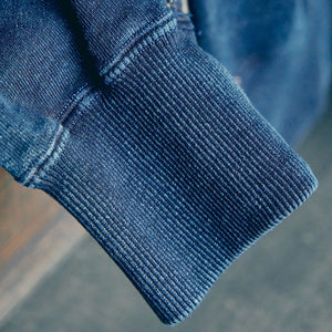 Samurai Jeans 14oz Kakishibu Loopwheeled Sweatshirt Indigo close up lifestyle cuff