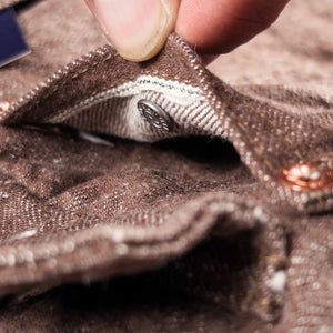 Samurai Jeans S552PX BR 15oz Kanoko Selvedge Type 2 Jacket Brown close up hidden selvedge id