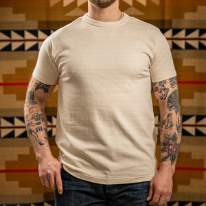 Samurai Jeans 16oz Japanese Cotton Slub Yarn Crew Neck TShirt Natural worn front