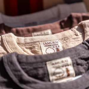 Samurai Jeans 16oz Japanese Cotton Slub Yarn Crew Neck TShirt Natural close up 4 colors