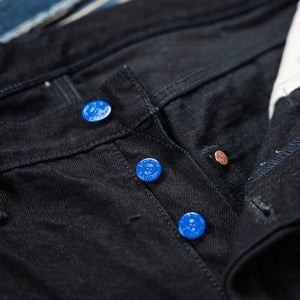 Samurai Jeans S0710XX BOB Aoki Tachikage 15oz Selvedge Denim Slim Straight Black on Blue detail blue buttons