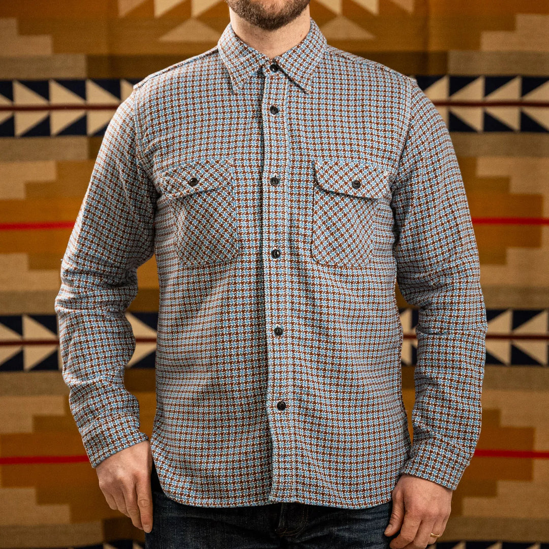 Samurai Jeans Cheese Indigo Heavy Flannel Work Shirt  Blue Brown worn front