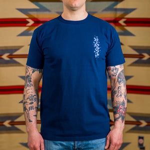 Samurai Jeans Hanaguhashi Sakura 8oz Heavy Loopwheeled TShirt Navy worn front