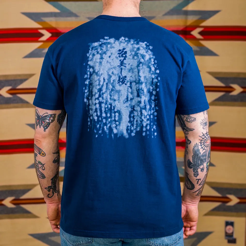 Samurai Jeans Hanaguhashi Sakura 8oz Heavy Loopwheeled TShirt Navy worn backside