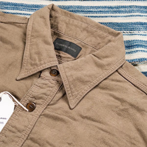 Samurai Jeans SSS26 AT Lightweight Tropical Weather Dobby Shirt Olive close up collar
