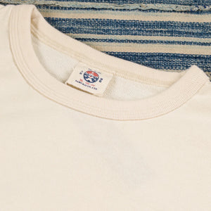 Samurai Jeans Musha Kite 7oz Inlay Loopwheel TShirt Ivory Aged Cotton close up collar