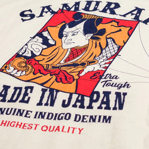 Samurai Jeans Musha Kite 7oz Inlay Loopwheel TShirt Ivory Aged Cotton close up backprint