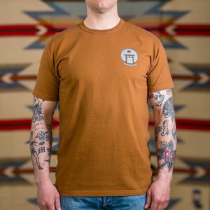 Samurai Jeans Night Owl 8oz Heavyweight Loopwheeled TShirt Brown worn front