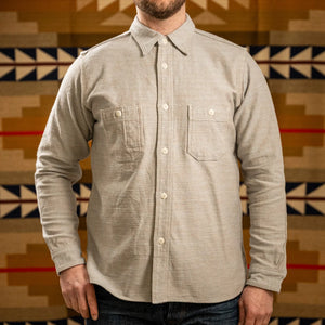 Samurai Jeans Niigata Elemental Flannel Work Shirt Blue Brown worn front