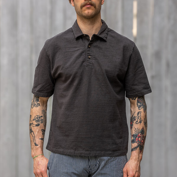 Samurai Jeans 16oz ‘Japanese Cotton’ Slub Yarn Polo Shirt – Kuromame / Black Beans Dyed