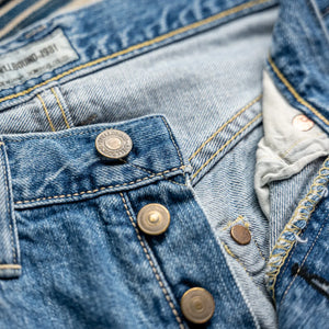 Spellbound 12oz Ultra Soft Selvedge Jeans Light Wash Straight close up button fly