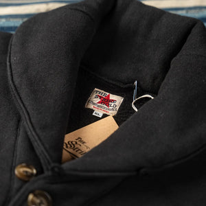 Strike Gold 20oz Loopwheeled Sweat Cardigan Black close up shawl collar