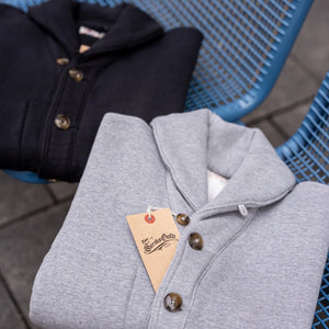 Strike Gold 20oz Loopwheeled Sweat Cardigan Black and Heather Grey folded