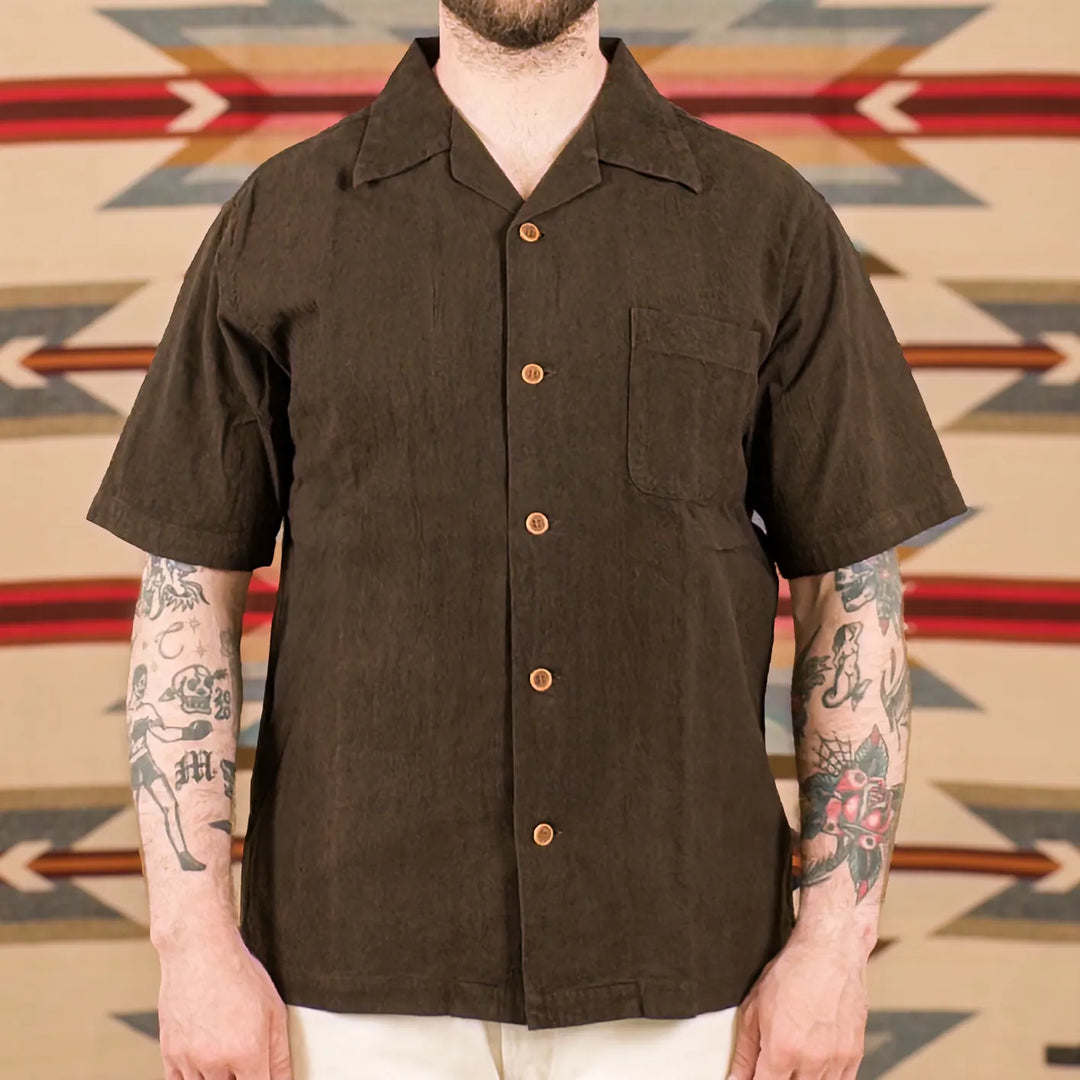 Studio D Artisan 5739 Amami Oshima Mud Dyed 13oz Cotton Linen Shirt Dark Brown worn front