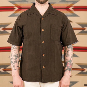 Studio D Artisan 5739 Amami Oshima Mud Dyed 13oz Cotton Linen Shirt Dark Brown worn front