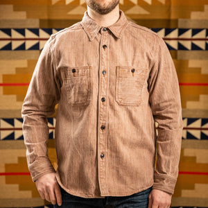Studio DArtisan D5732 13oz Kakishibu Denim Work Shirt Khaki worn front