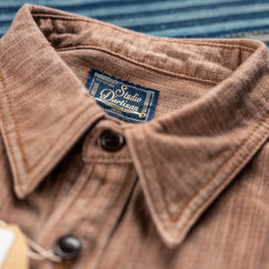 Studio DArtisan D5732 13oz Kakishibu Denim Work Shirt Khaki detail cuff and neck label