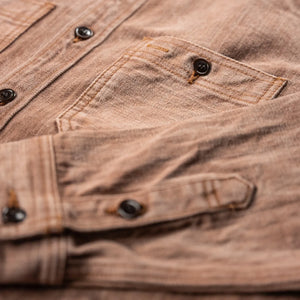 Studio DArtisan D5732 13oz Kakishibu Denim Work Shirt Khaki close up chest pocket