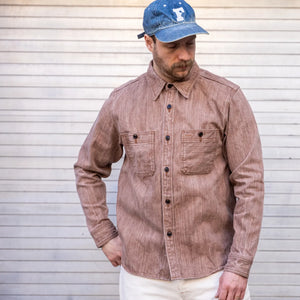 Studio DArtisan D5732 13oz Kakishibu Denim Work Shirt Khaki worn lifestyle front