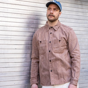 Studio DArtisan D5732 13oz Kakishibu Denim Work Shirt Khaki worn lifestyle front