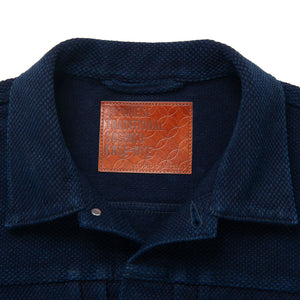Studio D Artisan 4619 14oz Kasezome Sashiko Type 2 Selvedge Jacket Deep Indigo detail leather patch