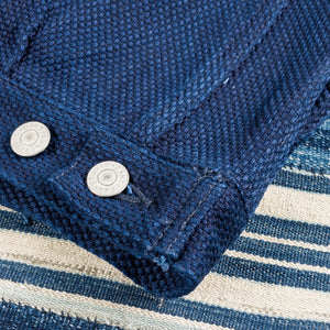 Studio D Artisan 4619 14oz Kasezome Sashiko Type 2 Selvedge Jacket Deep Indigo close up hem