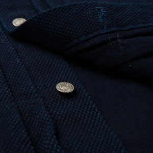 Studio D Artisan 4619 14oz Kasezome Sashiko Type 2 Selvedge Jacket Deep Indigo close up sashiko fabric