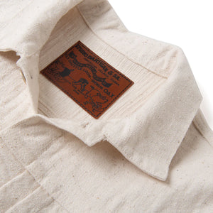 Studio D Artisan SD4101E 15oz GL3 Type 1 Selvedge Jacket Ecru close up leather patch
