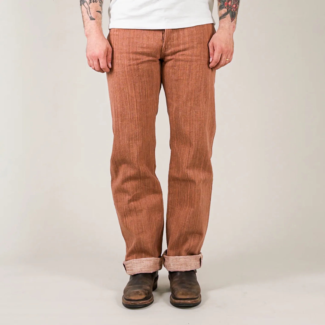 Studio D Artisan 45th Anniversary 16oz Kakishibu Slub Jeans brown worn front