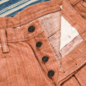Studio D Artisan 45th Anniversary 16oz Kakishibu Slub Jeans brown close up button fly