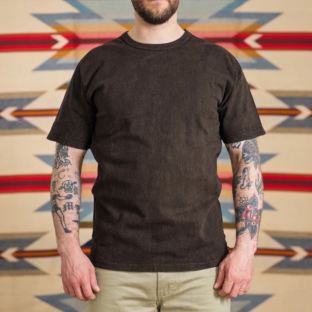 Studio D Artisan 8198 Amami Oshima Mud Dyed Loopwheeled TShirt Dark Brown worn front