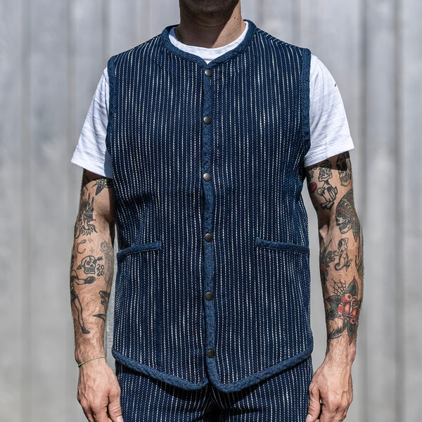 Studio D’Artisan 4588 13oz ‘Rain Kasuri’ Sashiko Vest – Indigo Dyed