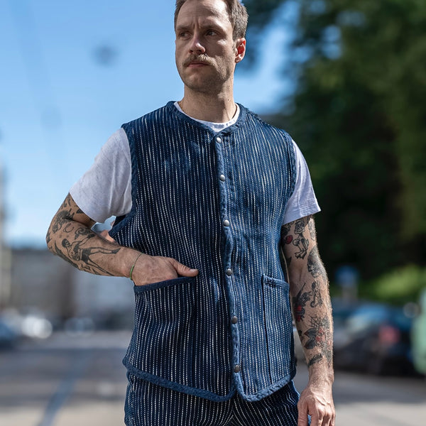 Studio D’Artisan 4588 13oz ‘Rain Kasuri’ Sashiko Vest – Indigo Dyed