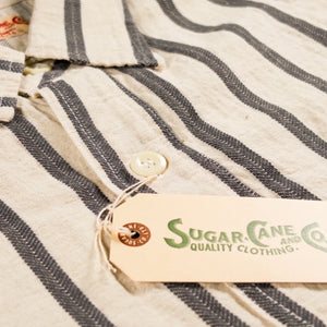 Sugar Cane Cotton Linen Dobby Herringbone Stripe Work Shirt Natural Blue detail button