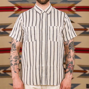 Sugar Cane Cotton Linen Dobby Herringbone Stripe Work Shirt Natural Blue worn front