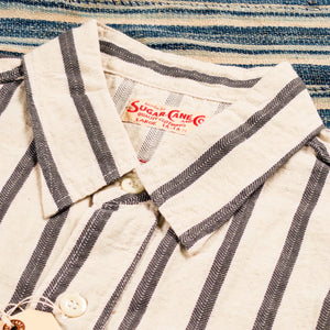 Sugar Cane Cotton Linen Dobby Herringbone Stripe Work Shirt Natural Blue close up collar