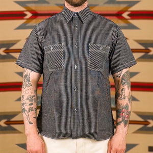 Sugar Cane Fiction Romance 5oz Check Work Shirt Indigo worn front