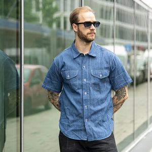 Sugar Cane Fiction Romance 5oz Selvedge Cambray Work Shirt - Indigo Dyed / Random Stripe