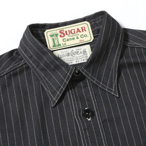 Sugar Cane Fiction Romance 8oz Black Wabash Stripe Work Shirt Sulfur Dyed detail collar