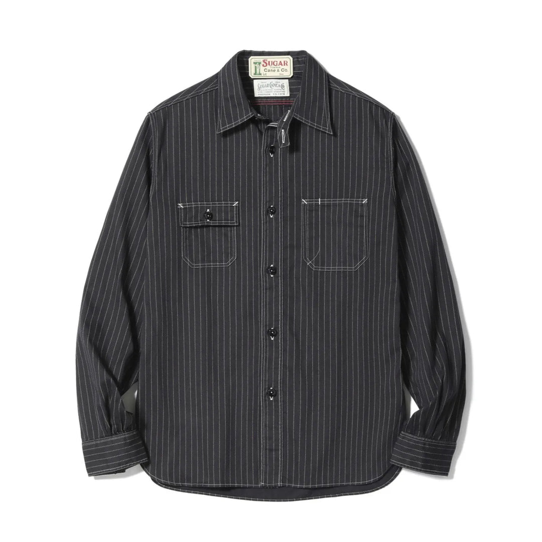 Sugar Cane Fiction Romance 8oz Black Wabash Stripe Work Shirt Sulfur Dyed front flat