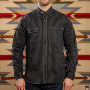 Sugar Cane Fiction Romance 8oz Black Wabash Stripe Work Shirt Sulfur Dyed worn front