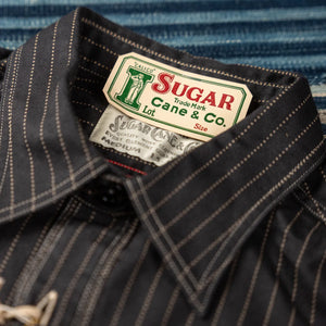 Sugar Cane Fiction Romance 8oz Black Wabash Stripe Work Shirt Sulfur Dyed close up collar