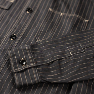Sugar Cane Fiction Romance 8oz Black Wabash Stripe Work Shirt Sulfur Dyed close up sleeve