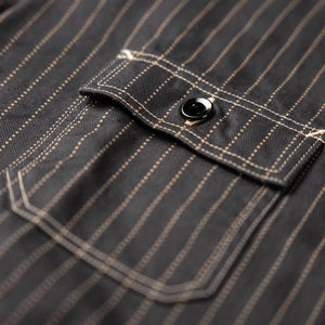 Sugar Cane Fiction Romance 8oz Black Wabash Stripe Work Shirt Sulfur Dyed close up front pocket