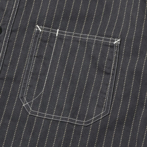 Sugar Cane Fiction Romance 8oz Black Wabash Stripe Work Shirt Sulfur Dyed close up chest pocket with pen slot