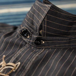 Sugar Cane Fiction Romance 8oz Black Wabash Stripe Work Shirt Sulfur Dyed close up collar up