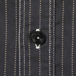 Sugar Cane Fiction Romance 8oz Black Wabash Stripe Work Shirt Sulfur Dyed close up metal donut button