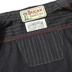 Sugar Cane Fiction Romance 8oz Black Wabash Stripe Work Shirt Sulfur Dyed detail neck