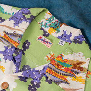 Sun Surf Ancient Capital Rayon Crepe Hawaiian Shirt Green close up collar